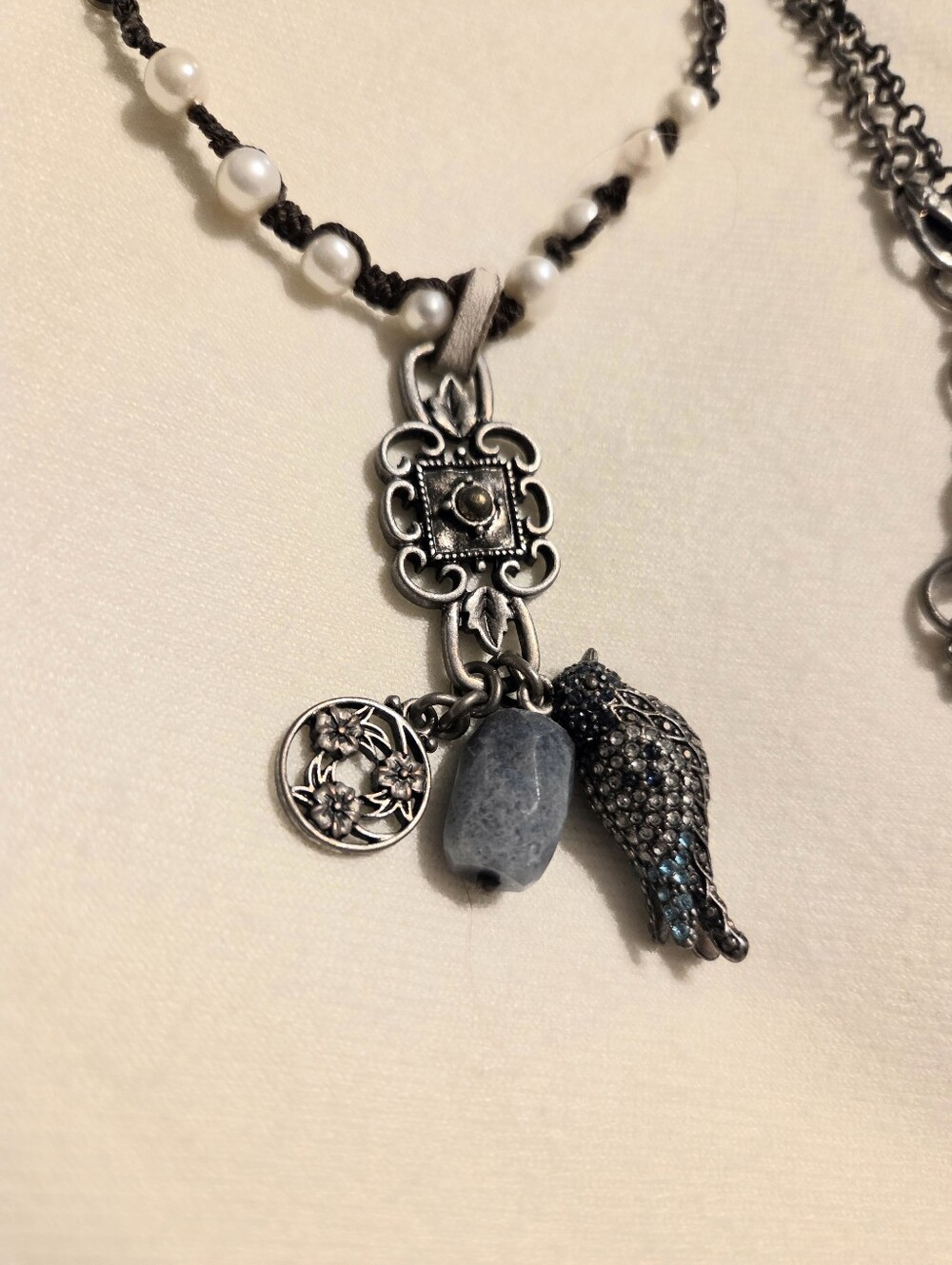 Plunder Ivory Pearl Necklace with Bird & Blue Stone Charms
